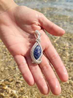 Handmade wire pendant with semiprecious blue stone, new