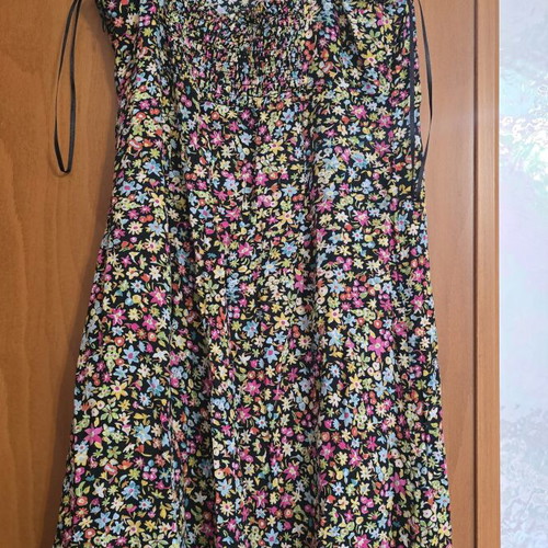 Zara long black dress with floral print, adjustable straps and leg slit like new