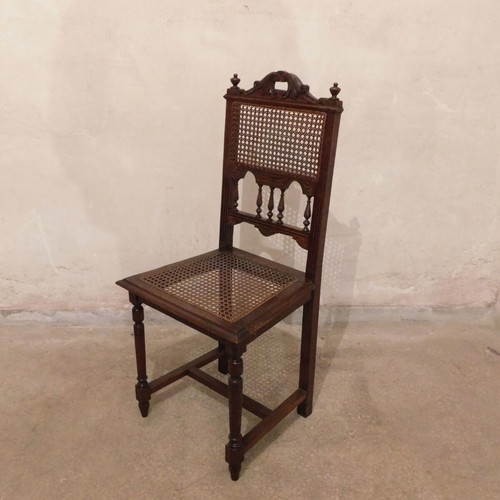 Wood-carved wicker chairs used, set of four, French made