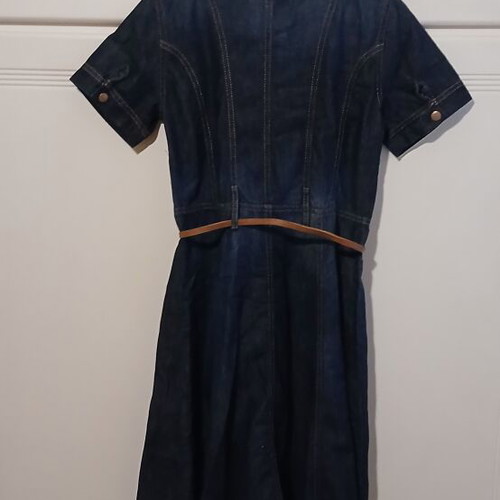 Denim dress ALE elastic midi with brown leather belt size S like new