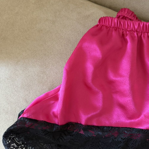 Lingerie bottom, pink satin with black lace