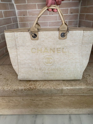 Chanel Deauville Tote τσάντα ώμου μεταχειρισμένη, μπεζ