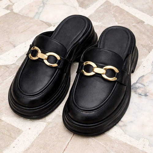 Luigi women's black mules with gold chain like new