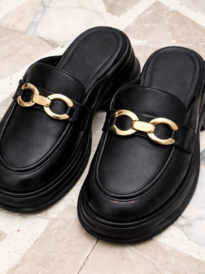 Luigi women's black mules with gold chain like new