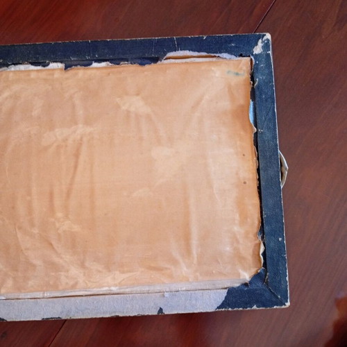 Embroidered tray used with wooden frame and copper handles