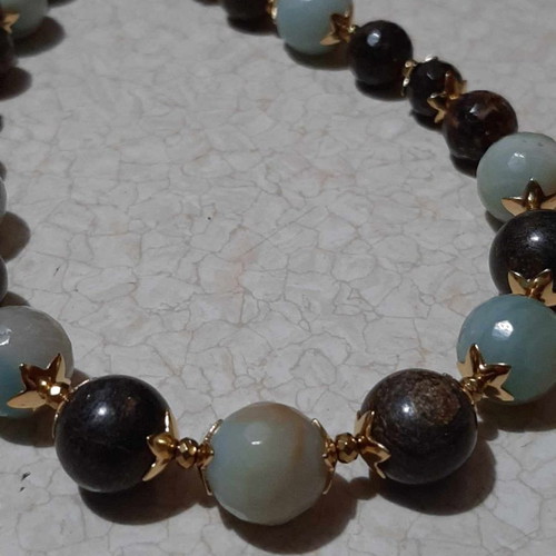 Necklace with amazonite and bronzite in surgical steel, new