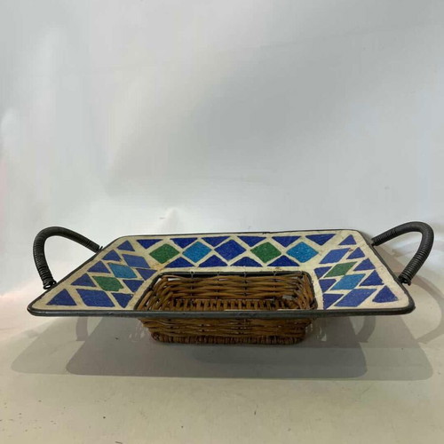 Vintage wicker basket with ceramic mosaic and metal handles used