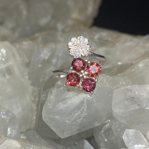 Silver ring with natural red garnet and moissanites, new