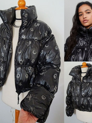 Bershka puffer jacket new, size L, black with pattern