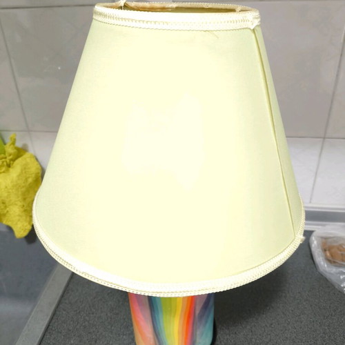 Handmade table lamp with rainbow base and green shade like new