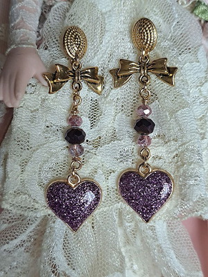 Handmade vintage purple pearl earrings with heart and bow