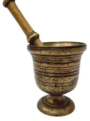 Antique brass mortar and pestle used, heavy, patina