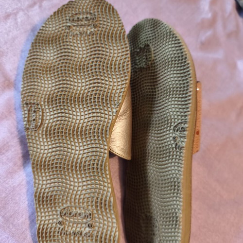 Flat leather sandals, silver and salmon, handmade, size 36