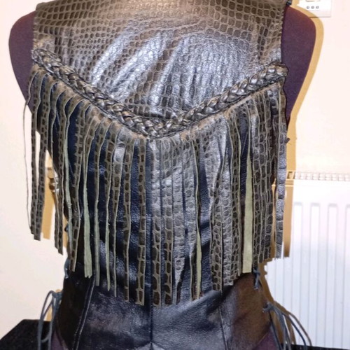 Handmade leather vest new, black with dark brown crocodile details