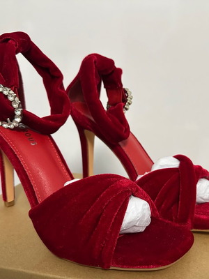 Glamorous velvet red sandals new with diamond buckle