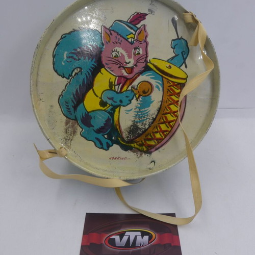 Vintage Greek 60s Litho Tin Toy Drum Squirrel used