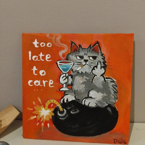 Canvas painting "Too late to care" new, acrylic 13×13 cm