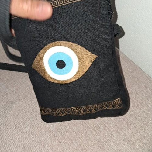 Aegeanart fabric crossbody bag with Greek eye design, black