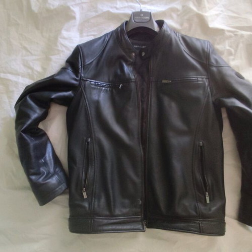 Navy & Green leather jacket like new, size 48 with detachable hood