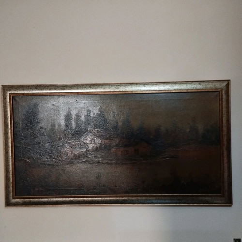 Oil painting frame 1970 like new, house by the lake