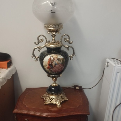Vintage porcelain and bronze table lamp cobalt blue used