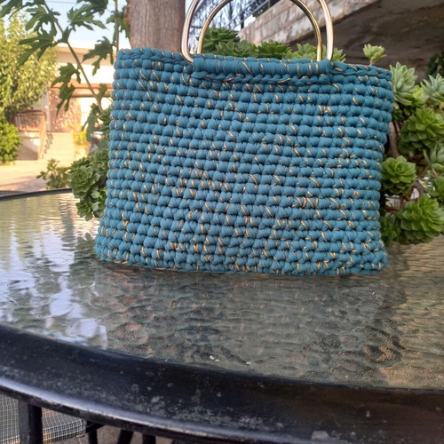 Handmade tulle bag in turquoise with gold handles