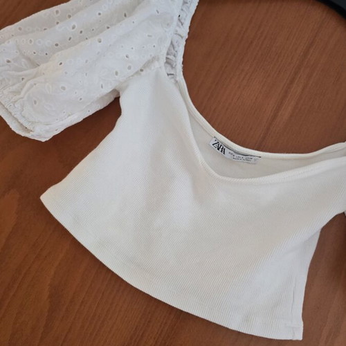 Zara white off-shoulder crop top with puffed eyelet sleeves