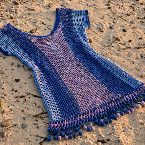 Handmade summer dress with net, blue and lilac shades, Vanas Woven Waves