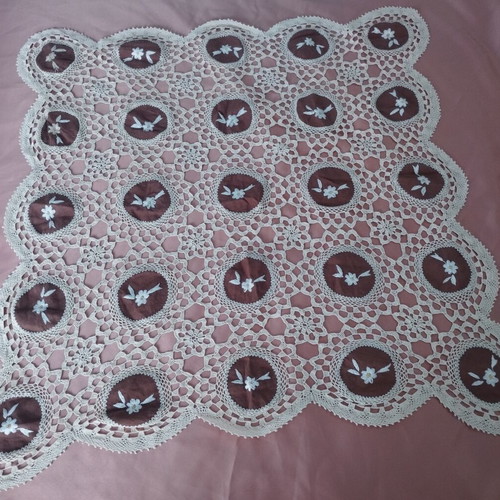 Vintage handmade crochet table linen with brown embroidered motifs, 70x70 cm
