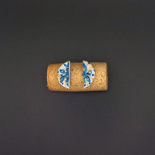 Handmade Ceramic Earrings with Painted Patterns and Glass Coating
