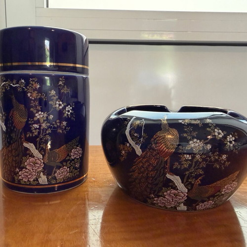 Vintage Japanese porcelain set used, cobalt blue with peacocks