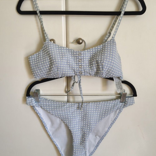 Oysho bikini set blue gingham seersucker top medium slip large like new