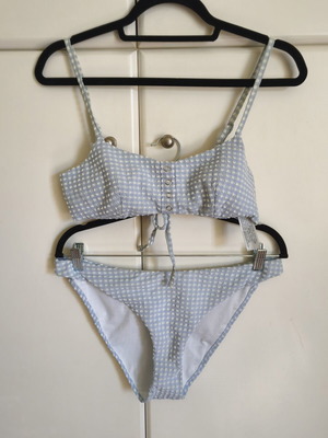 Oysho bikini set blue gingham seersucker top medium slip large like new
