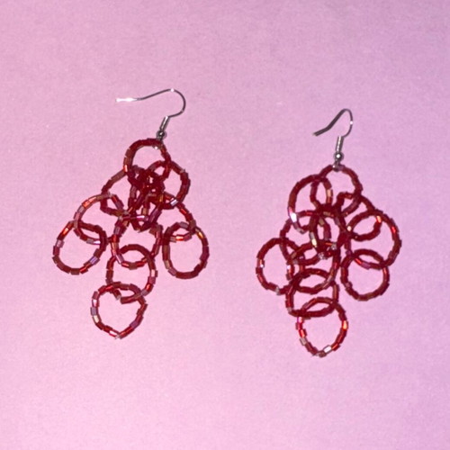 Handmade statement dangle earrings like new with red iridescent beads
