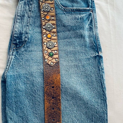 Vintage genuine leather belt 85 brown like new with stones and studs