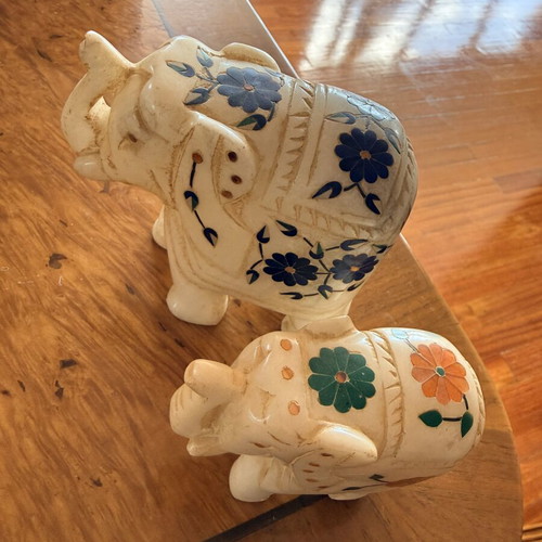 Pair of vintage Indian marble elephants with inlaid flowers