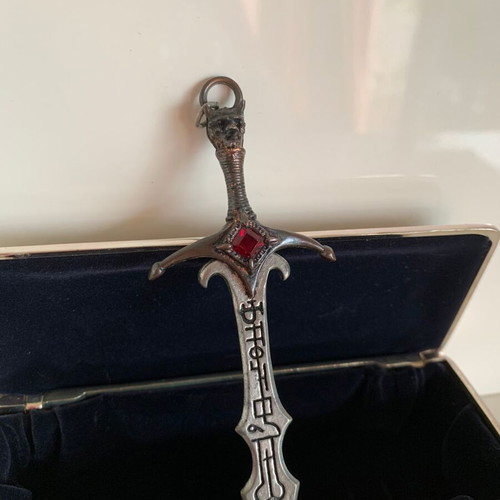 Alchemy Gothic Sword Pendant used, 1993, pewter and crystals