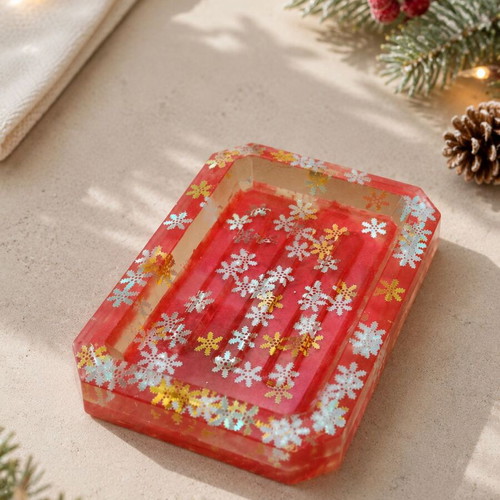 Handmade Resin Soap Dish Winter Magic deep red with iridescent snowflakes