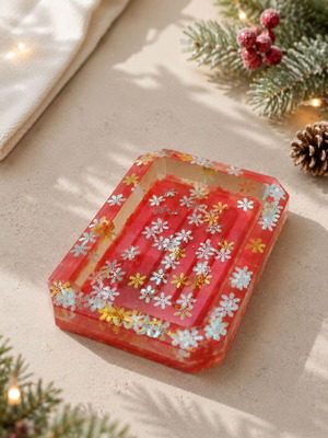 Handmade Resin Soap Dish Winter Magic deep red with iridescent snowflakes