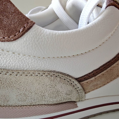 Medicus leather sneakers, size 40, 26cm insole, white with beige and pink suede accents
