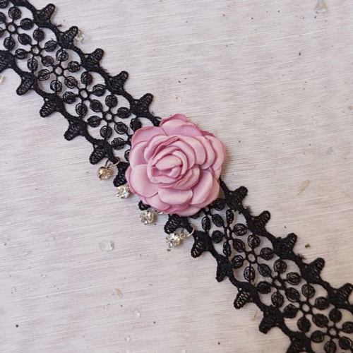 Lace choker new with pink rose and decorative elements