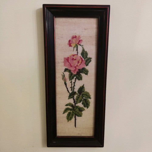Vintage embroidered painting used with rose in wooden frame