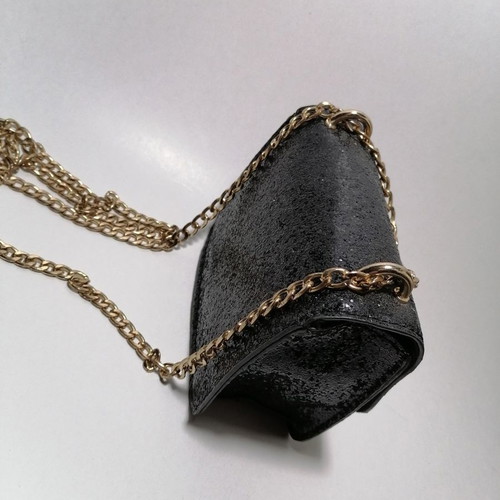 Handbag used, black glossy with gold chain