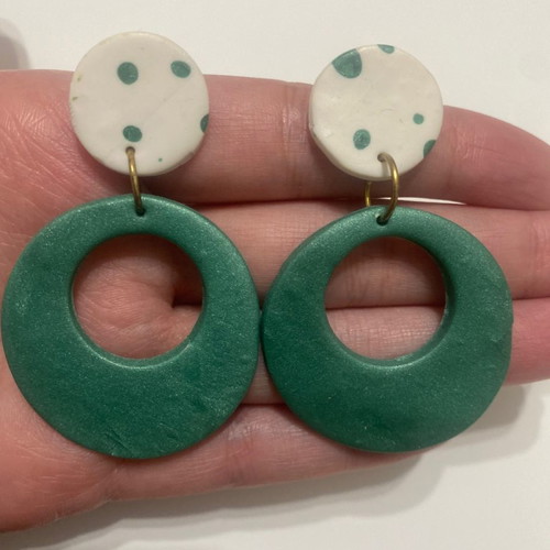 Handmade clay earrings used, green and white