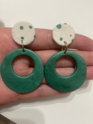 Handmade clay earrings used, green and white