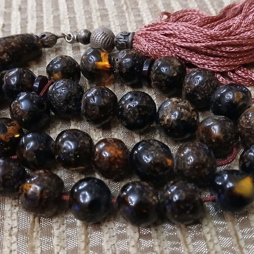 Amber Worry Beads used, Baltic amber, silver elements, 33 beads