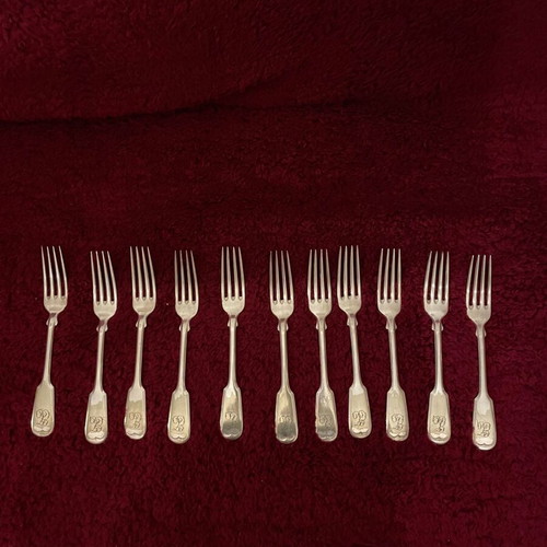 J.FRAGET VARSOVIE Vintage cutlery set used 19th century with 11 knives, 11 forks, 6 spoons