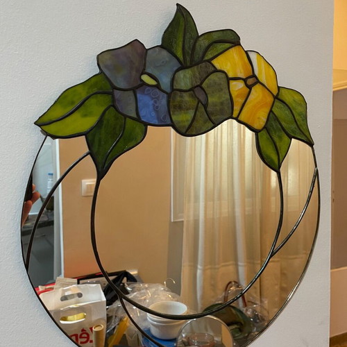 Stained Glass Round Wall Mirror 42 cm, handmade, new