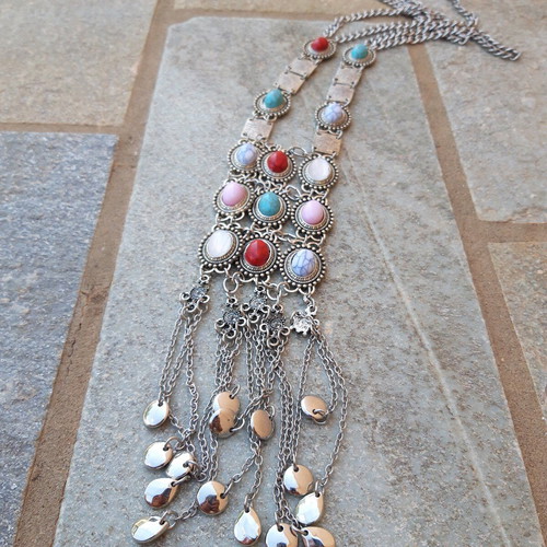 Boho long necklace silver with multicolor cabochons like new