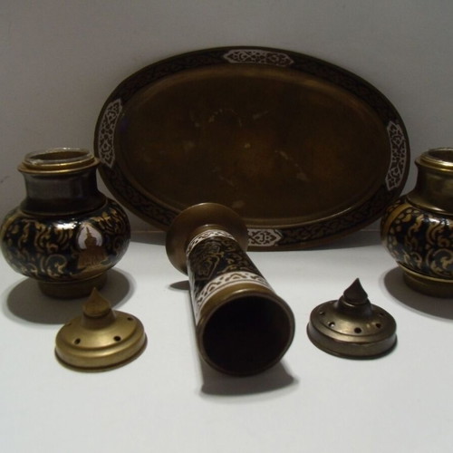 Old Metal Brass Salt Shaker Set with Stand used